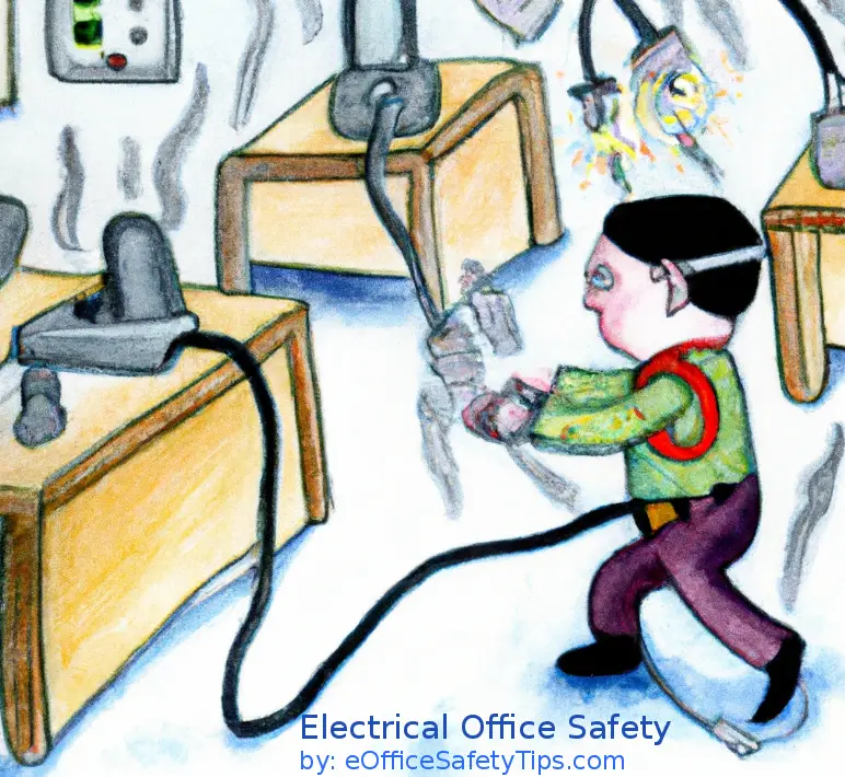 A office worker being attacked by electric office wires everywhere