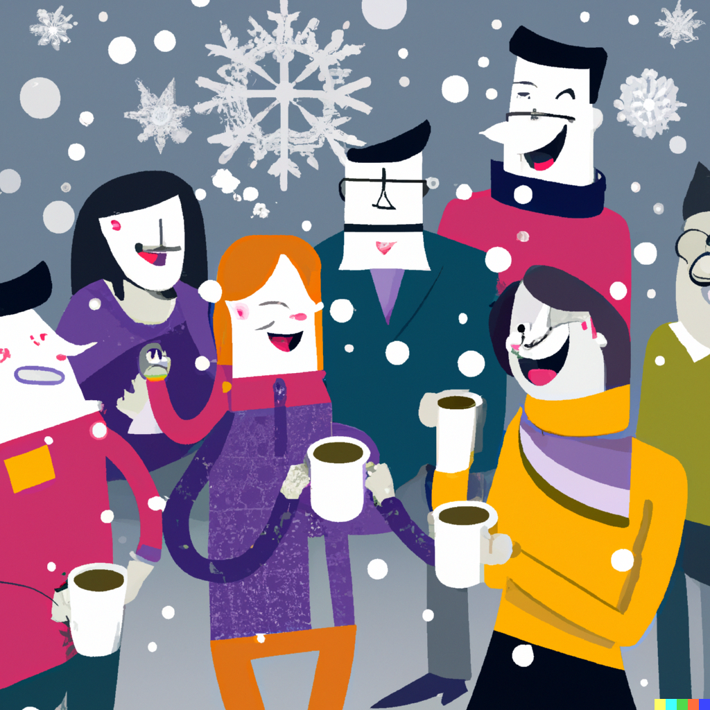 a group of employees on a coffee break, sipping from hot mugs and laughing, surrounded by snowflakes and winter accessories