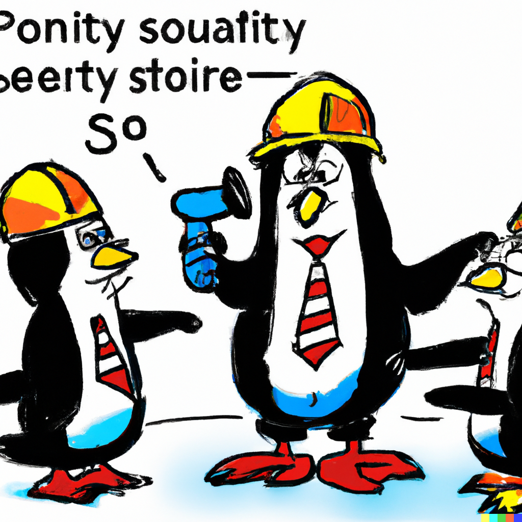 Picture of a cartoon penguin giving a safety briefing to a group of employees, emphasizing key winter safety tips in a lighthearted manner.