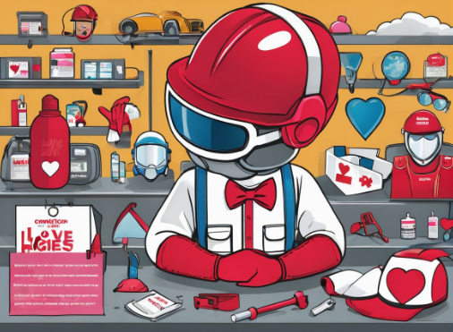 Safety man behind his desk at work wearing and surrounded by valentine's day, red, and heart shaped safety gear
