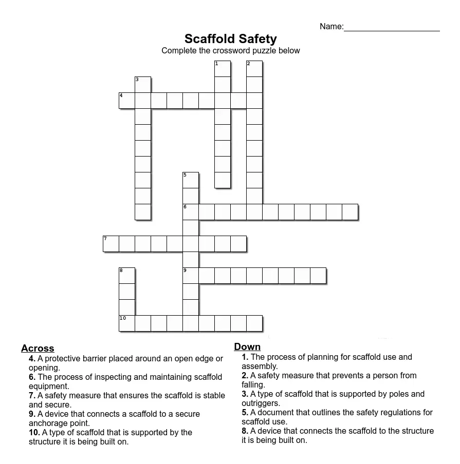 Image of a Free Printable 10 Question Scaffold Safety Crossword Puzzle Game, Created By Us!